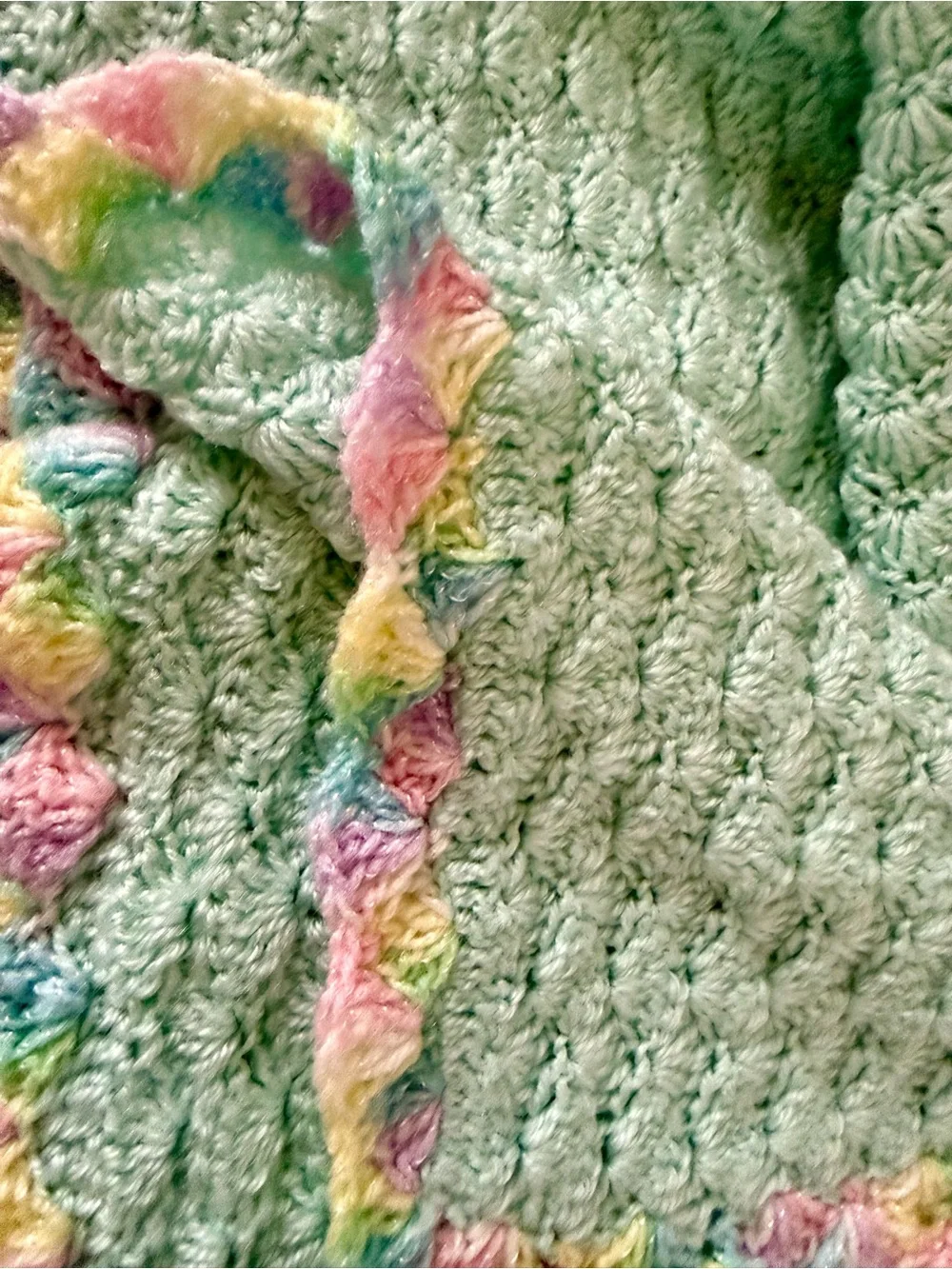 Handmade Crochet Blanket in Mint with Pastel Shell Border